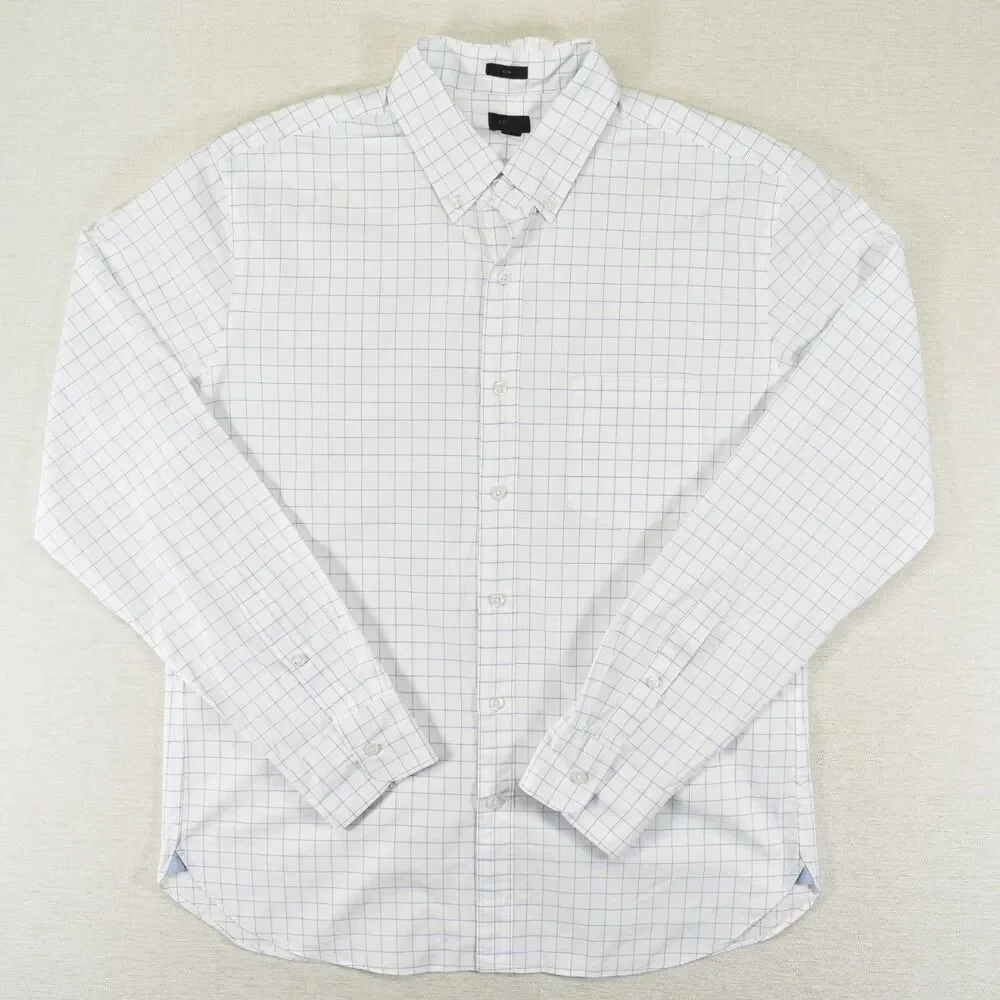 J.Crew Slim Fit Grid Windowpane Plaid Button Down Dress Shirt Large White Blue